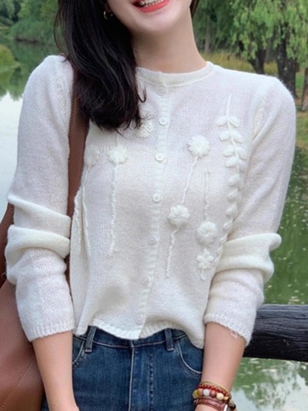 初秋氛围感穿搭白色提花毛衣开衫外套女外搭早秋韩系短款针织上衣|undefined