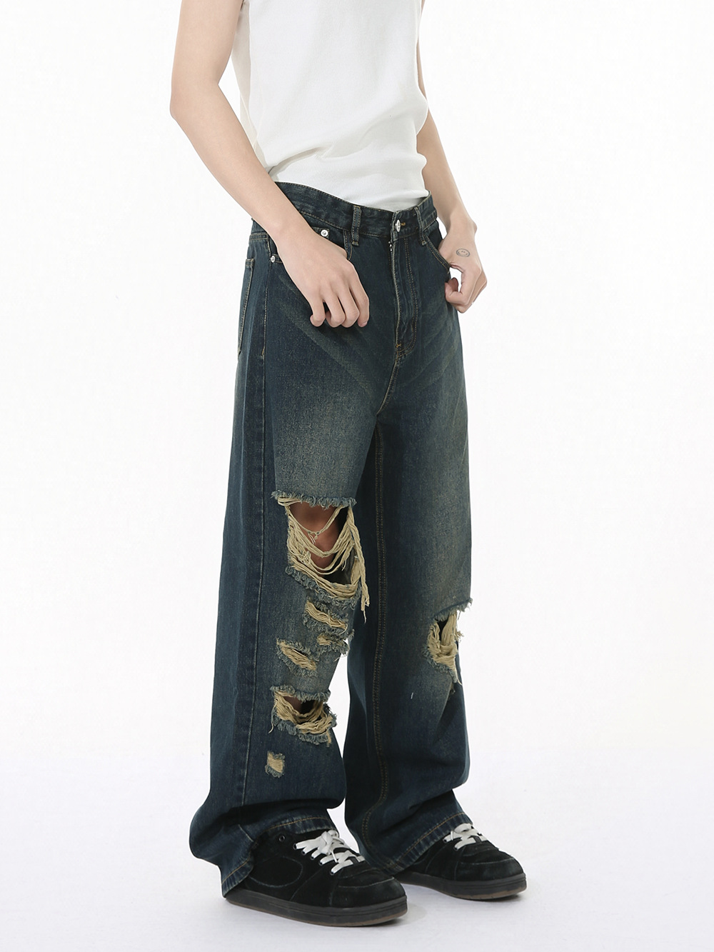 MTLCLOTHES Hombres| Nuevos productos americanos de alta calle vibe desgastado hacer viejos bordes sueltos jeans recto de moda