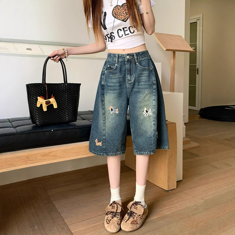 American Retro Dog Embroidery Cropped Jeans for Women Summer High-Waisted Wide-Leg Straight Pants