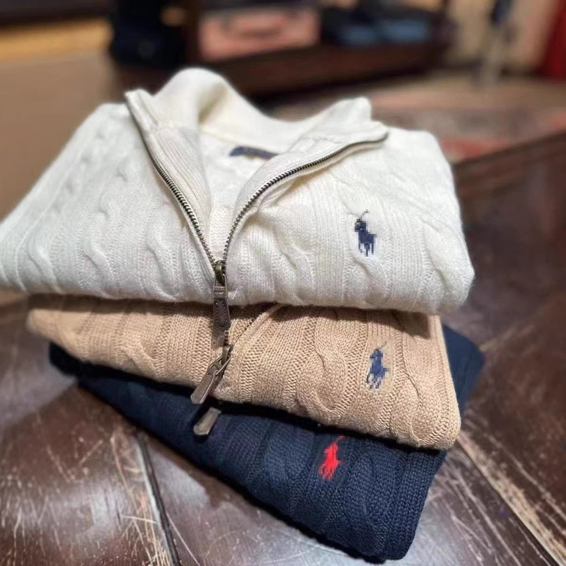 High-Quality Cross-Border Raff 100% Cotton Half-Zip Sweater with Pony Embroidery Couple's Knitwear Qr Code Twist Knit High-Quality Cross-Border Raff 100% Cotton Half-Zip Sweater with Pony Embroidery Couple's Knitwear Qr Code Twist Knit