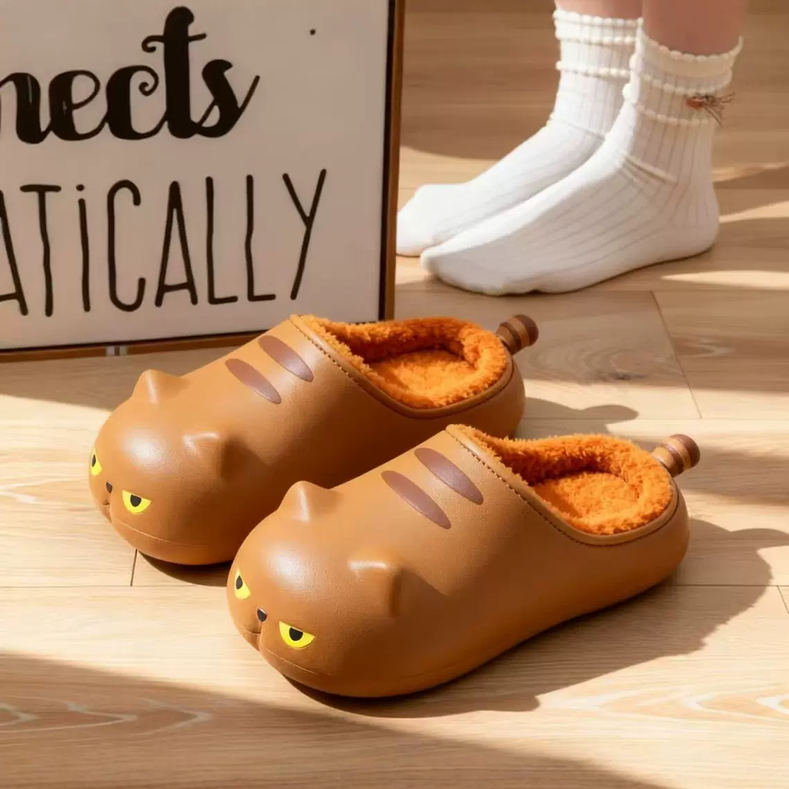 可爱卡通包头猫咪棉拖鞋女冬季保暖防滑居家软底外穿百搭拼色毛绒