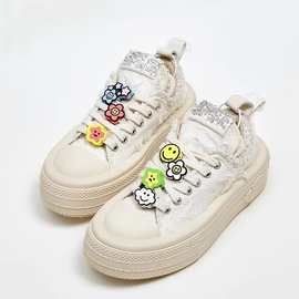 赵露思同款松糕厚底粗花帆布鞋 卡通笑脸装饰亮片百搭休闲小白鞋