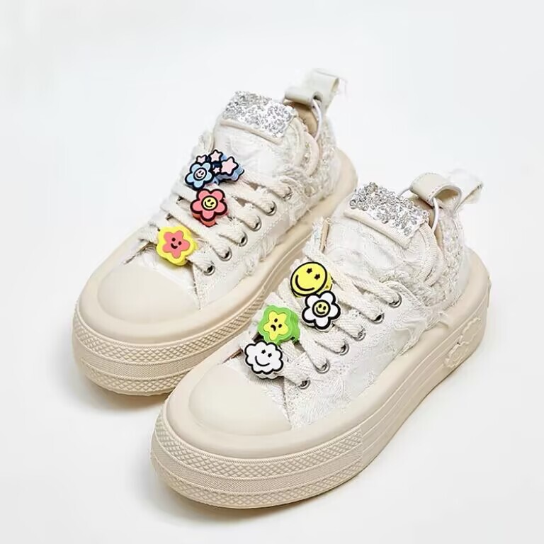 Zhao Lusi's same style muffin thick-soled canvas shoes with cartoon smiley face decorative sequins versatile casual white shoes