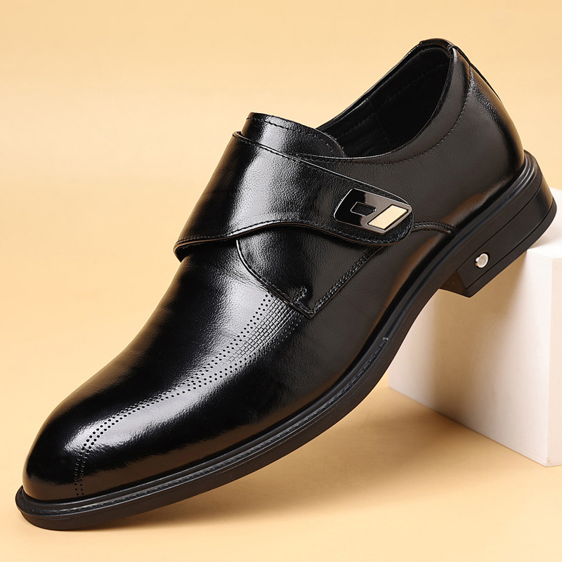 First-Layer Cowhide New Men's Business Leather Shoes, Slip-On Genuine Leather Pointed-Toe Men's Shoes, Velcro Trendy Single Shoes for Men