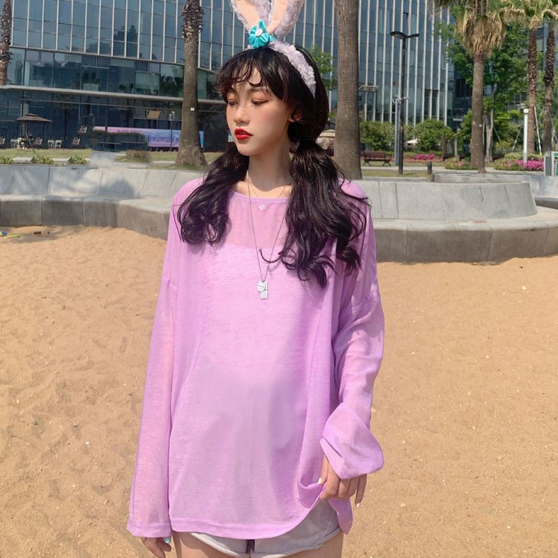 夏用薄手日焼け止め服 女子学生向け アイスシルク ネット人気 長袖 韓国風 大きいサイズ ゆったりトップス シフォンブラウス 卸売|undefined