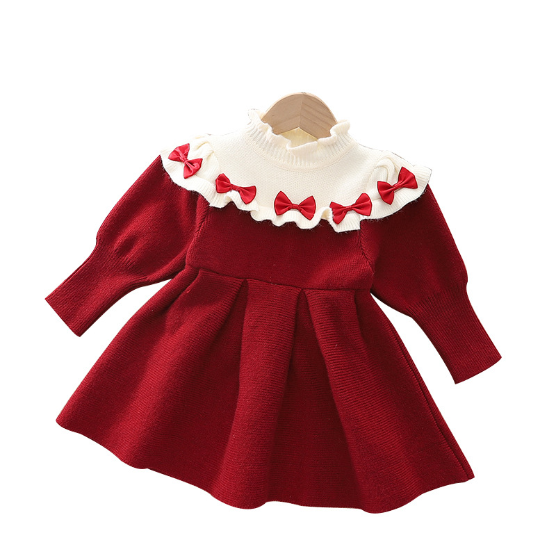 Autumn and Winter New Bow Girl's Woolen Children's Clothing Red Cute Knitted Long Dress_voghion.com