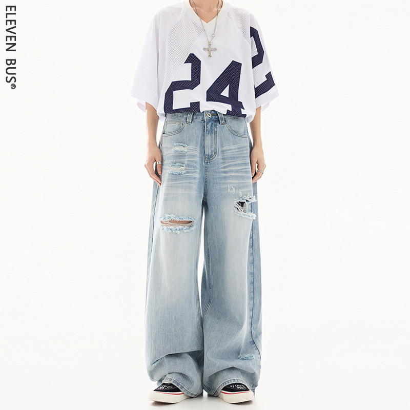 American retro washed men's ripped wide-leg jeans, trendy brand, versatile, loose fit, slimming, floor-length denim pants for men American retro washed men's ripped wide-leg jeans, trendy brand, versatile, loose fit, slimming, floor-length denim pants for men