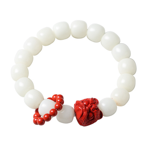 Original White Jade Bodhi Bead Bracelet, Traditional Style, Women's Lion Holding Handmade Craft Jewelry, Finger Ring Style Buddhist Rosary
