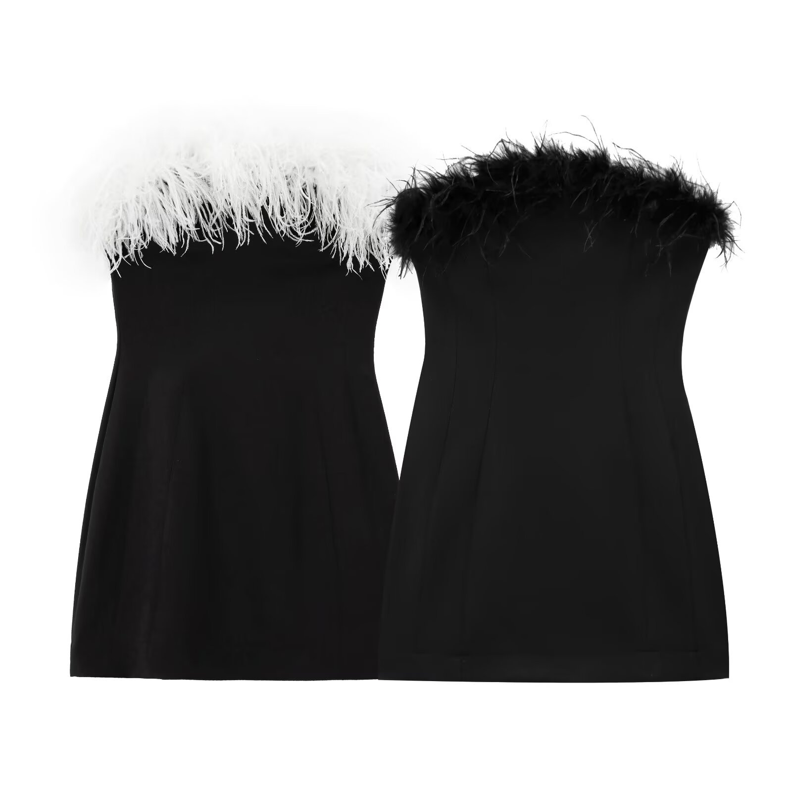 2025 Spring and Autumn New Maomao Tube Shoulder Dress Elastic Stitching Feather Mini Short dress