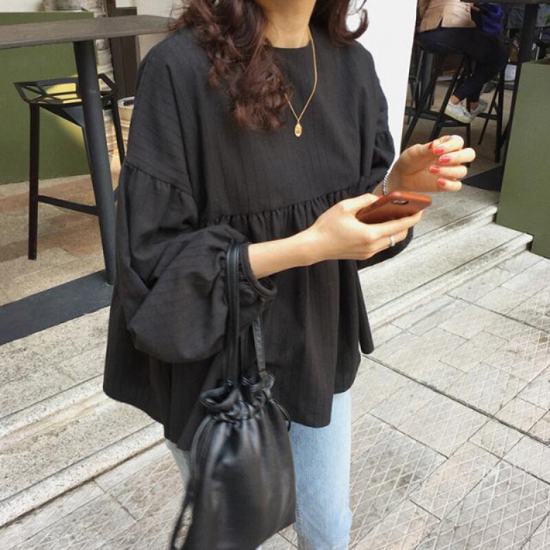 Early Autumn Spring and Autumn Sweet Lantern Sleeve Shirt Korean Thin Long Sleeve Doll Shirt Women's Loose Belly Covering Tops