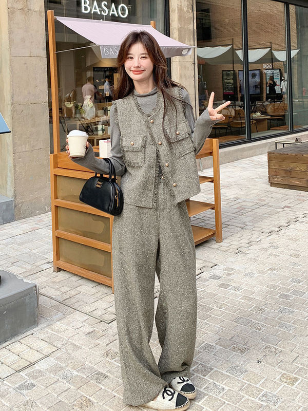 法式流苏边小香风马甲套装女春秋2025新款感气质阔腿裤两件套|undefined