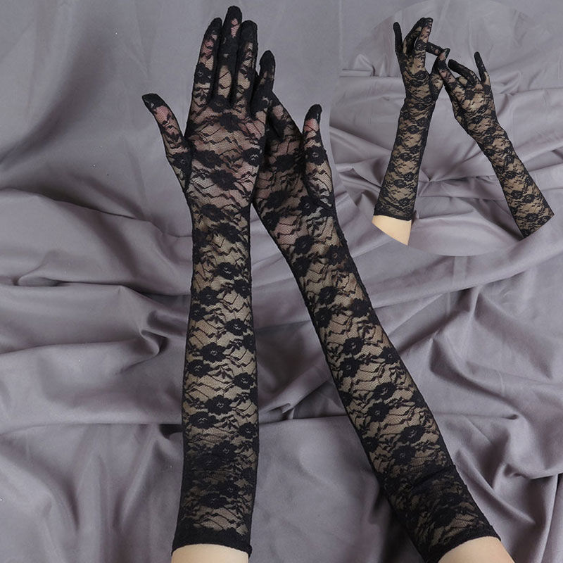 春秋季蕾丝手套女长款薄弹力黑色性感复古网纱短款开车表演防晒夏