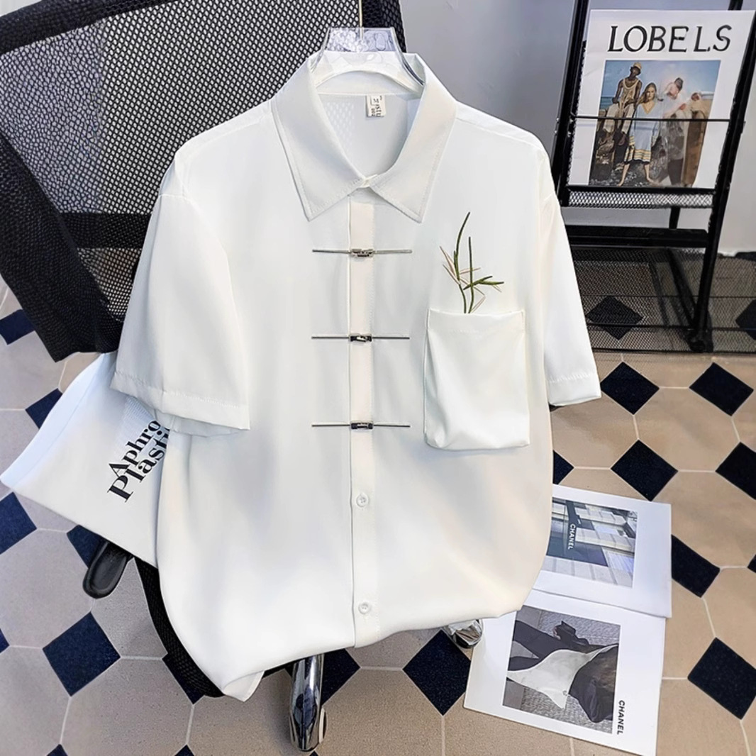 New Chinese-Style Light National Style Shirt for Men, Summer Bamboo Leaf Embroidery, Button-Up Short-Sleeve Shirt, Chinese Style Ice Silk Five-Quarter Sleeve