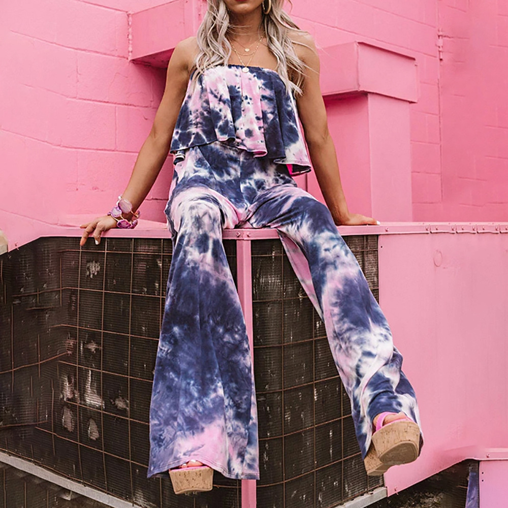 Ruffled Tube Top Wide-Leg Sleeveless Tie-Dye Jumpsuit NSJR114147