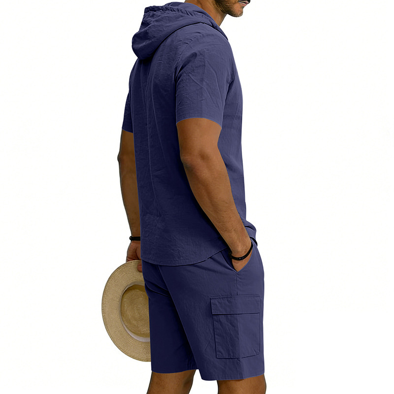 Men's Linen Hooded Short Sleeve Shirt With Workwear Shorts Set, Relaxed Fit Breathable Summer Outfit For Vacation And Casual Style_viptrois.com