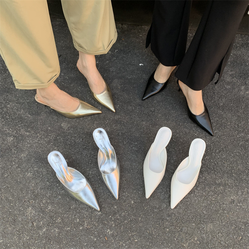 Design francese con tacco alto, mezze pantofole Baotou, scarpe da donna per abbigliamento esterno, tacchi a spillo a punta, scarpe singole a mezza tazza primaverili ed estive_voghion.com