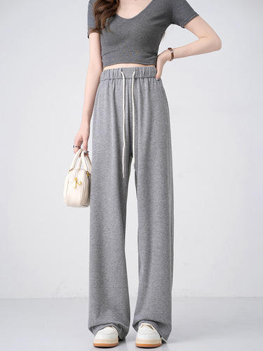 Women's Thick Striped Texture Wide Leg Pants with Fleece for Autumn and Winter, Flowy and Slimming High-Waisted Leisure Style Floor-Length Straight Leg