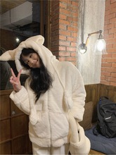 会动的兔耳朵加绒连帽棉衣女冬季新款小个子米白色加厚毛毛绒外套