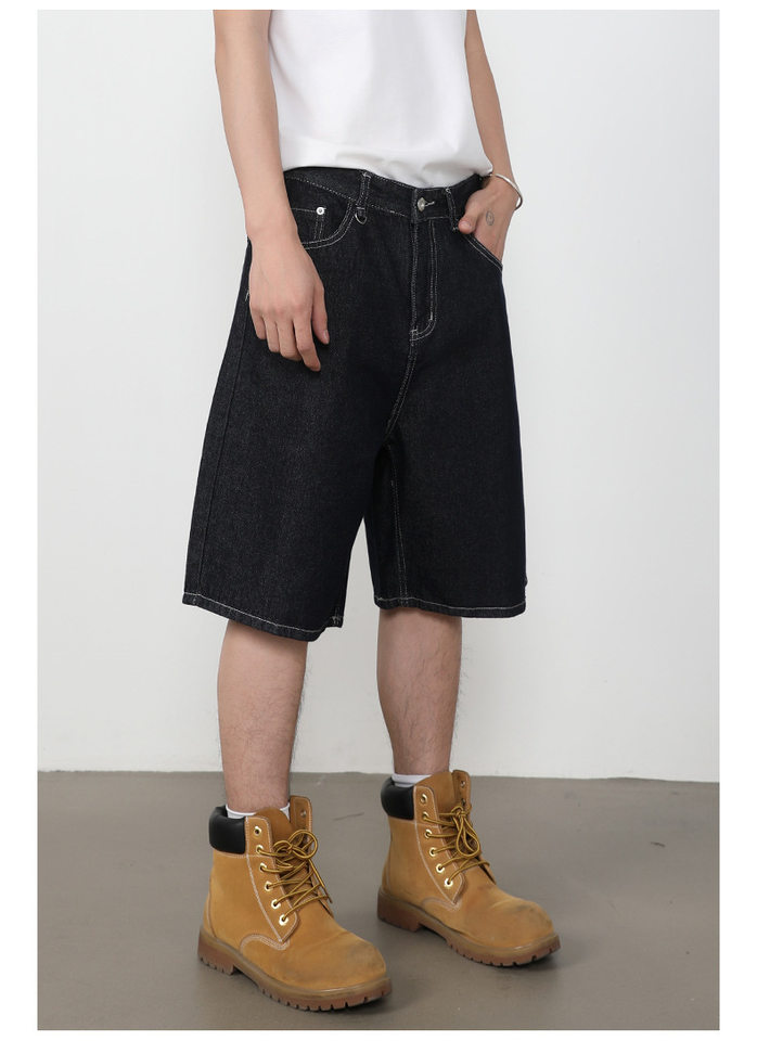 Quần short jean nam lửng ống rộng dáng suông phong cách retro, chất liệu denim thô — Denim đen, Xanh denim chi tiết 17