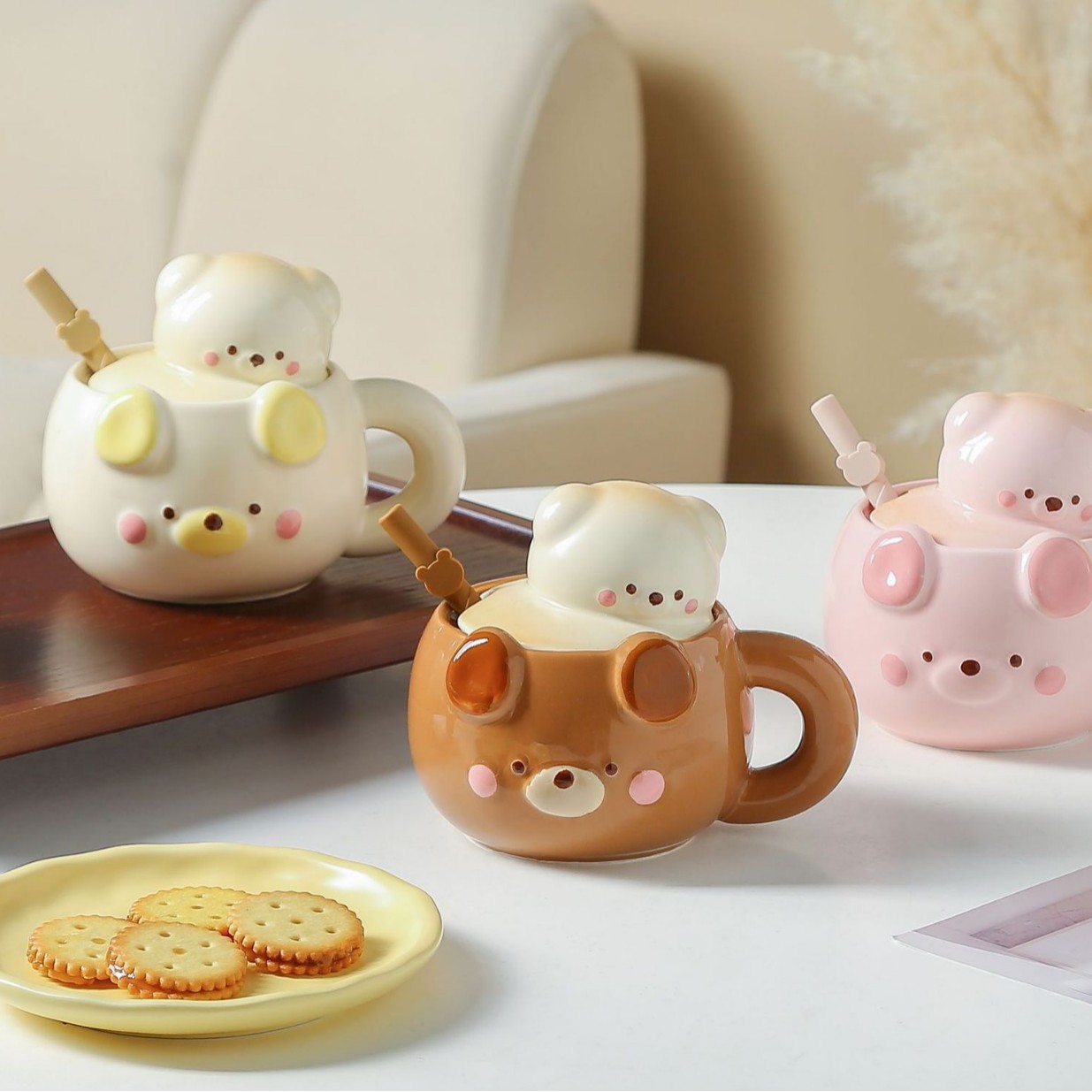 Creativo dibujos animados lindos tazas de cerámica osos tridimensionales de alto valor facial para el hogar taza de leche taza de desayuno regalo de cumpleaños
