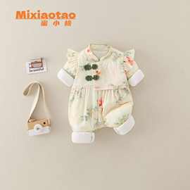 新款夹棉莲年有鱼秋冬款婴儿宝宝连体哈衣宝宝加厚外出服女宝旗袍