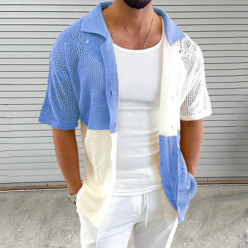 Color Block Hollow Knit Sweater Turn-Down-Kragen Kurzarm-Cardigan Dünn Sommer Muscle Plus Size Herrenbekleidung_voghion.com