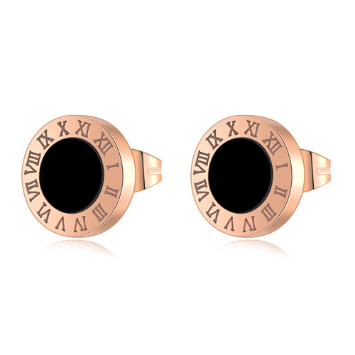 Wenjian Korean style round black Roman numeral titanium steel earrings women's earrings acrylic surface versatile rose gold earrings