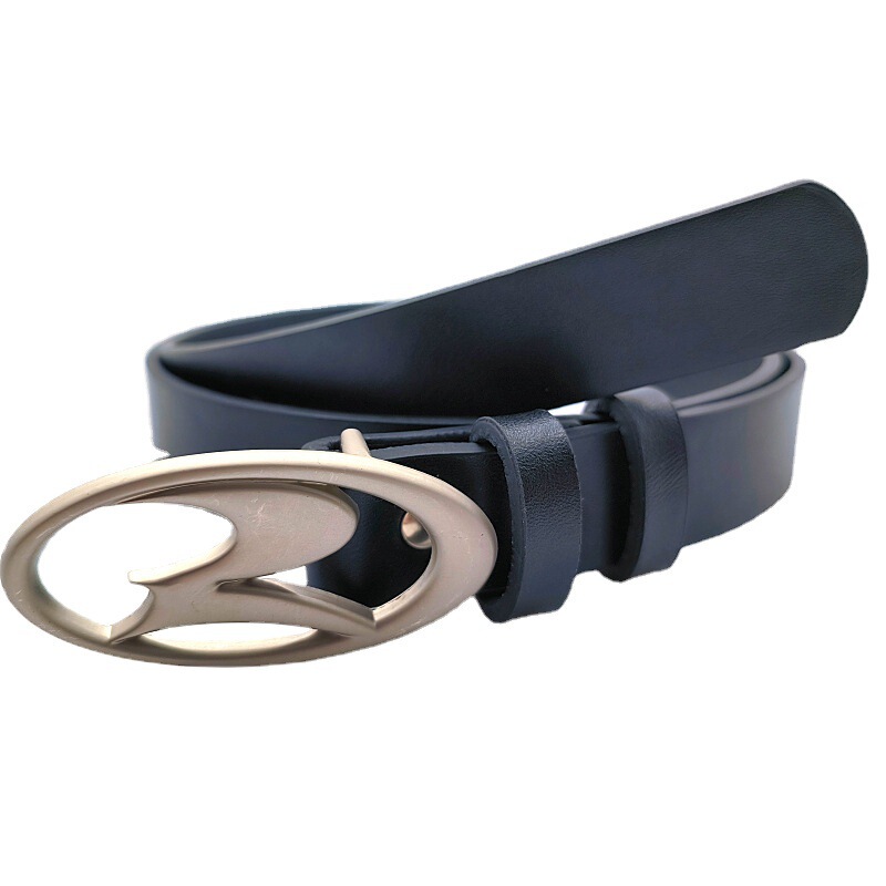 American Style Personality Niche Oval Silver Alloy 2-Buckle Belt Men's Fashion Fashion Matching Dress Jeans