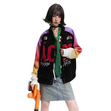 美式嘻哈霓虹拼接麂皮绒赛车夹克男春秋街头潮牌设计感棒球服外套