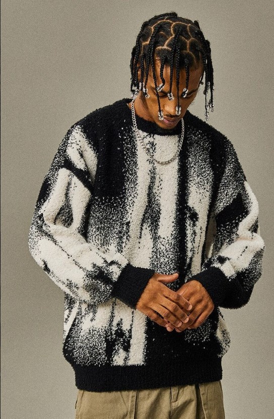 Men's Clothing color matching loose sweater autumn and winter new long sleeved knitted sweater round neck top_voghion.com