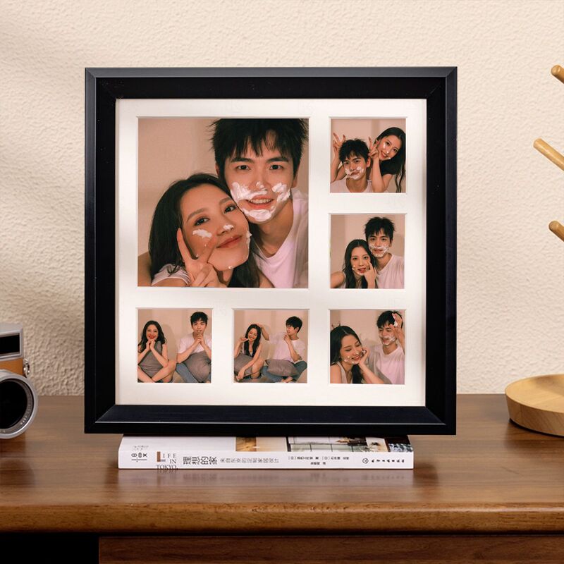 Solid Wood Texture Photo Frame Table, Washed Photos Made into Nine-Square Grids DIY Couple Photos Anniversary Wall Hanging