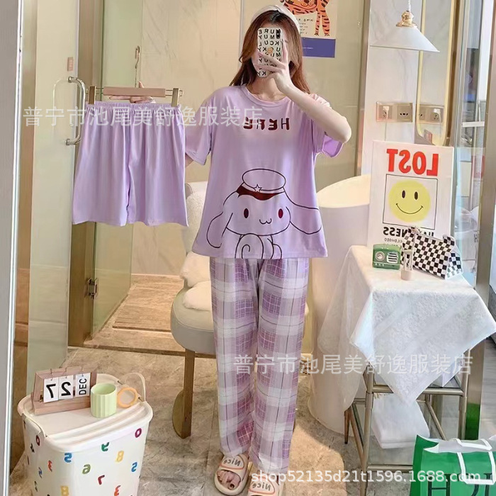 Pajamasクロスボーダー外国貿易工場卸売パジャマ女性半袖ショートパンツ長ズボン三点セット漫画ホームスーツ|undefined