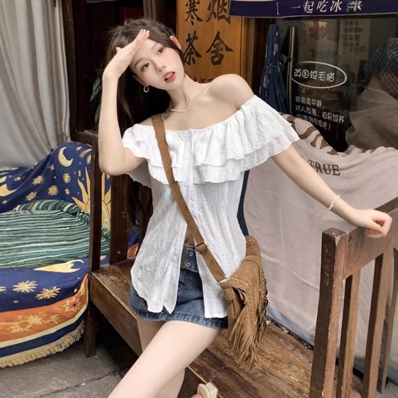 Plus-Size Off-Shoulder Shirt for Women, Summer Slimming Design, Niche Slit Top, Trendy Spicy Girl Blouse Plus-Size Off-Shoulder Shirt for Women, Summer Slimming Design, Niche Slit Top, Trendy Spicy Girl Blouse