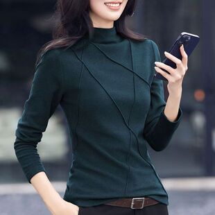 Semi-high collar bottoming shirt women's autumn and winter 2024 new German velvet stitching fishbone line foreign style fleece-lined thick inner top