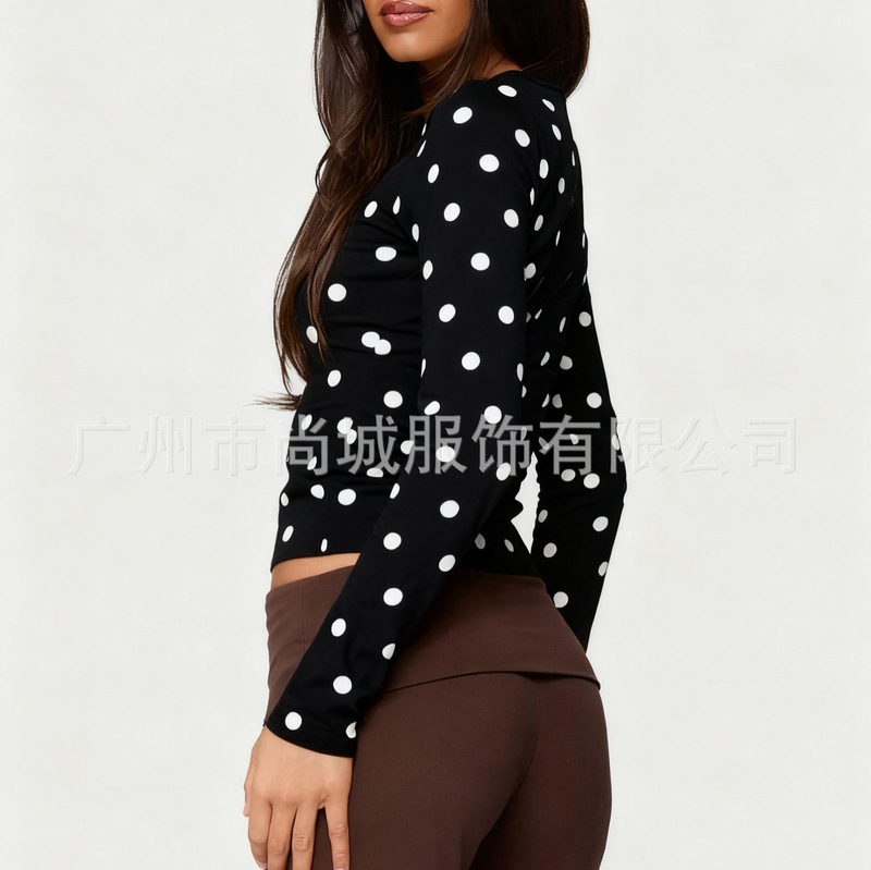 Cross-Border Foreign Trade Amazon Tk Best-Selling Women's Fashion Casual Polka Dot Slim Fit High-Elastic Round Neck Long-Sleeved Top