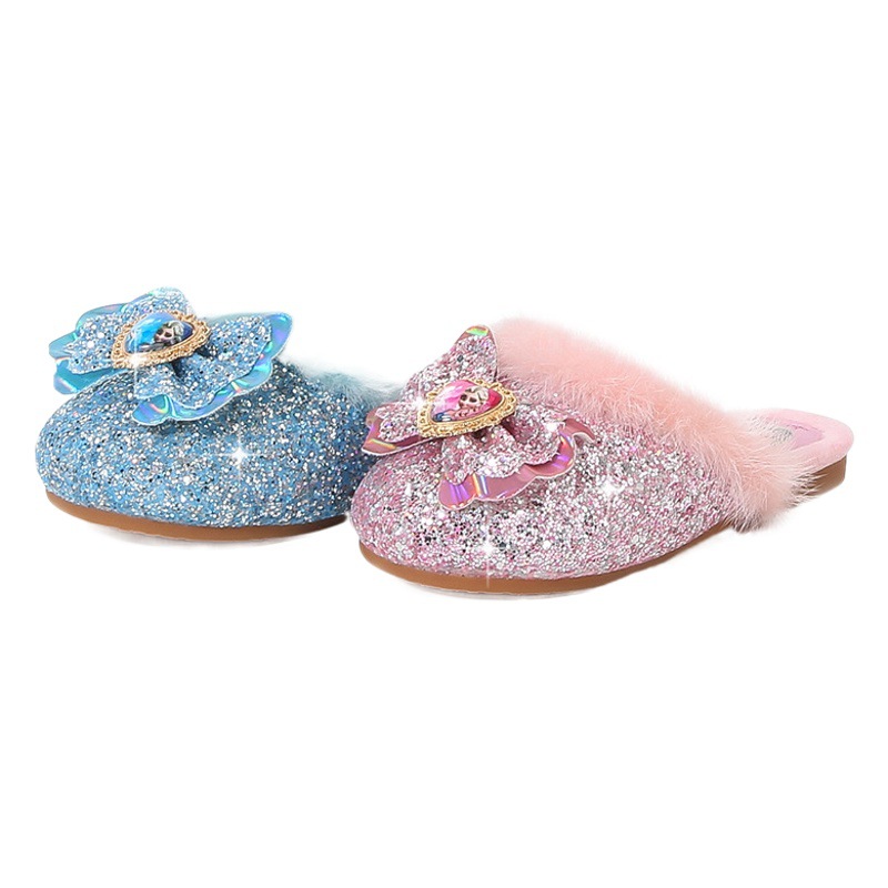 Children's Winter Velvet Wool Slippers, Fashionable New Style Girls' Elsa Princess Home Flat Heel Baotou Warm Cotton Slippers for Kidsren