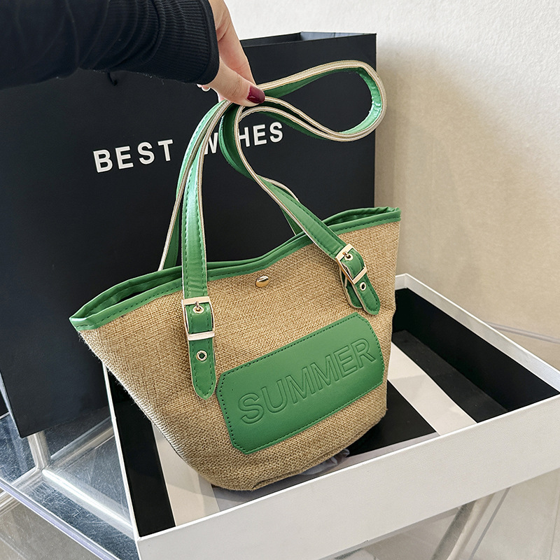 Women's Straw Woven Fabric Shoulder Tote Bag Summer Style Beach Seaside Travel Vacation Bag Medium PU Leather Zippered Tote_voghion.com