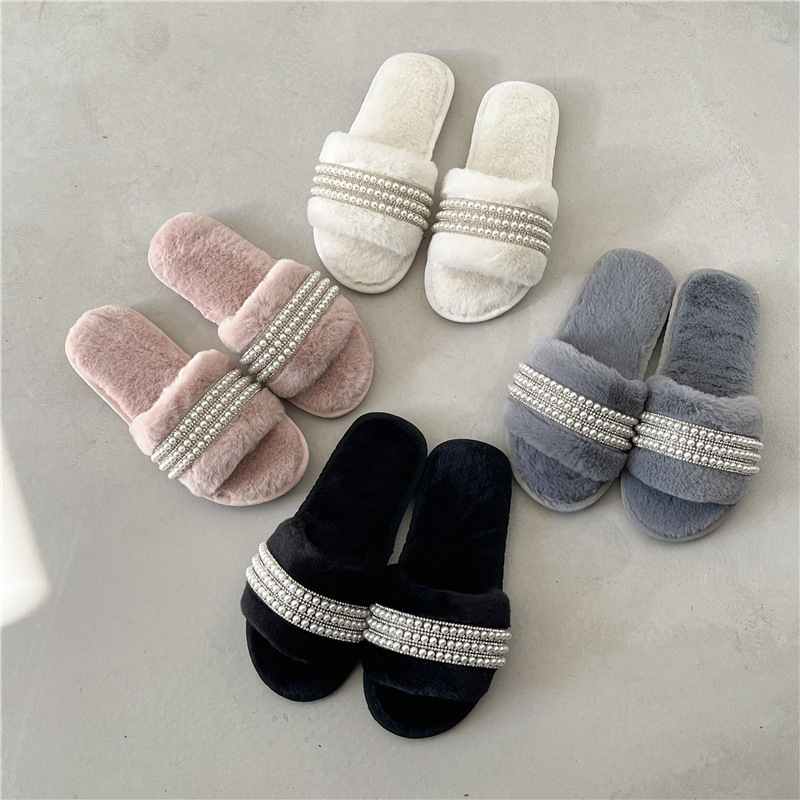 Pantuflas de Peluche con Perlas para Mujer, Pelo de Conejo Algodón Antideslizante para Casa image 1