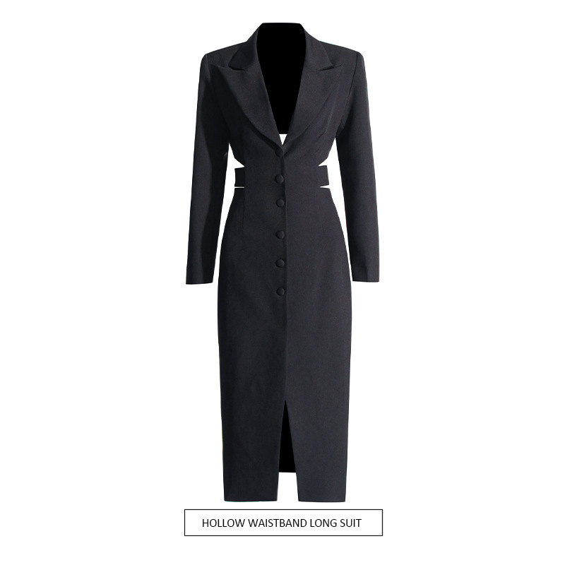Elegant and Stylish Long Coat 2026 New Model with Hollow-Out Waist Design, High-End Solid Color Blazer for Women in Autumn
