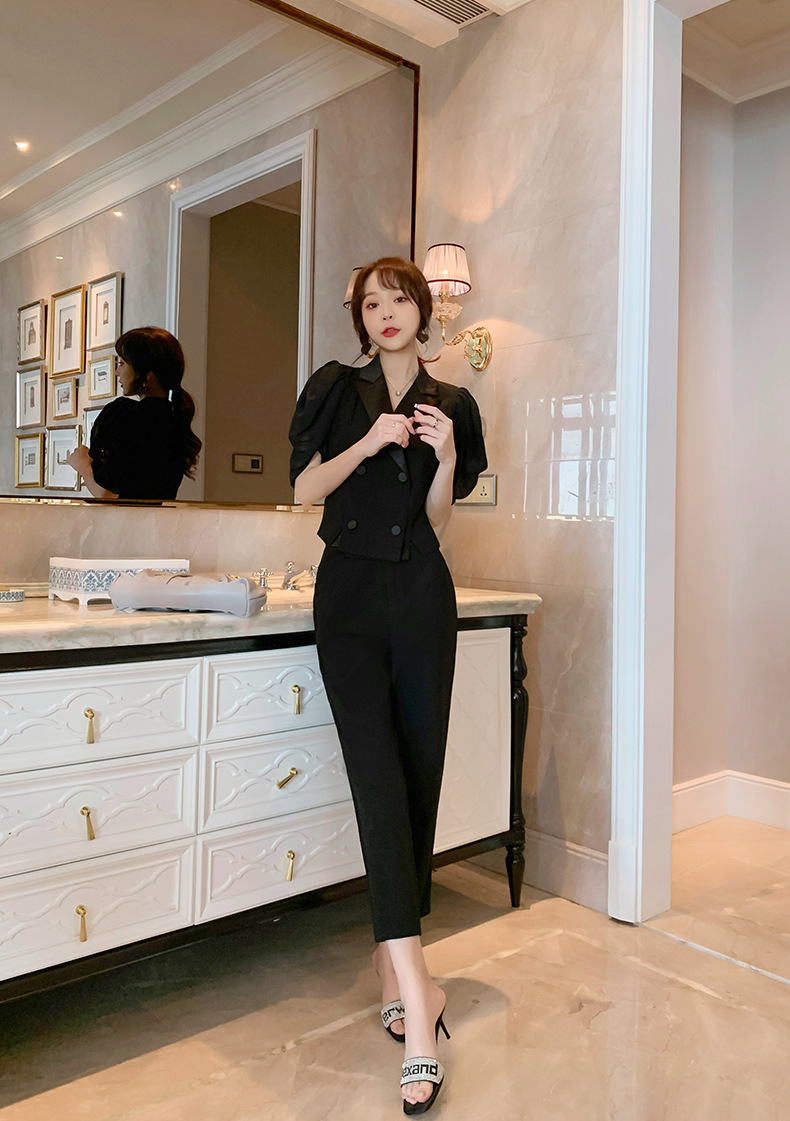 Bộ trang phục nữ thần thon eo, phong cách thanh lịch trưởng thành, quần áo hai mảnh công sở mùa hè — Màu đen chi tiết 12