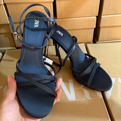 Za Spot 2025 New Summer Women's Shoes Dark Blue Silk Satin Texture Effect Belt High Heel Sandals Stiletto Sandals