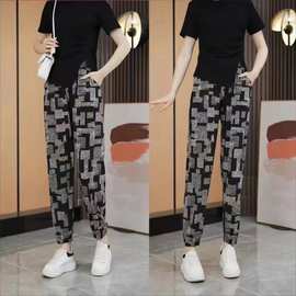 2024夏季新款冰雪丝女裤休闲灯笼裤水墨印花高腰束脚裤冰丝九分裤