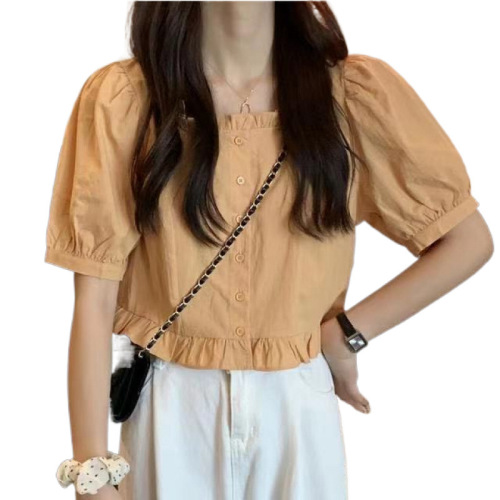 Bubble Sleeve Square Collar Women's 2025 Summer New French Sweet Short Design Focused Unisex Single Button Top