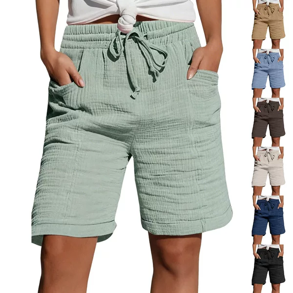 In-Stock European and American Cross-Border Summer New Women's Fashion Amazon High-Waisted Tie-Pocket Double-Layer Crinkled Cotton Shorts