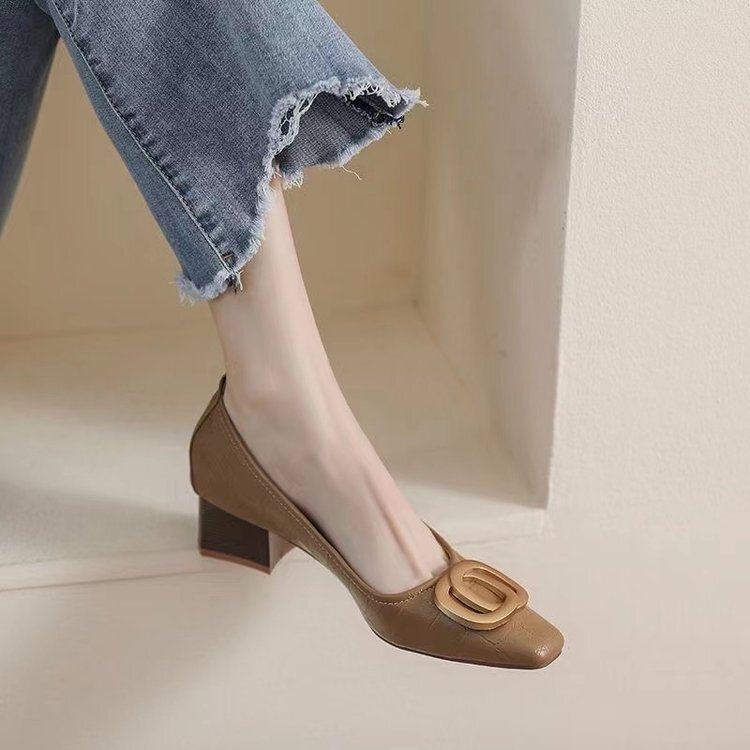 French Square Toe High Heels for Women 2024 Spring & Fall New Professional Work Shoes Elegant Fairy Style Flats for Women with Thick Heels