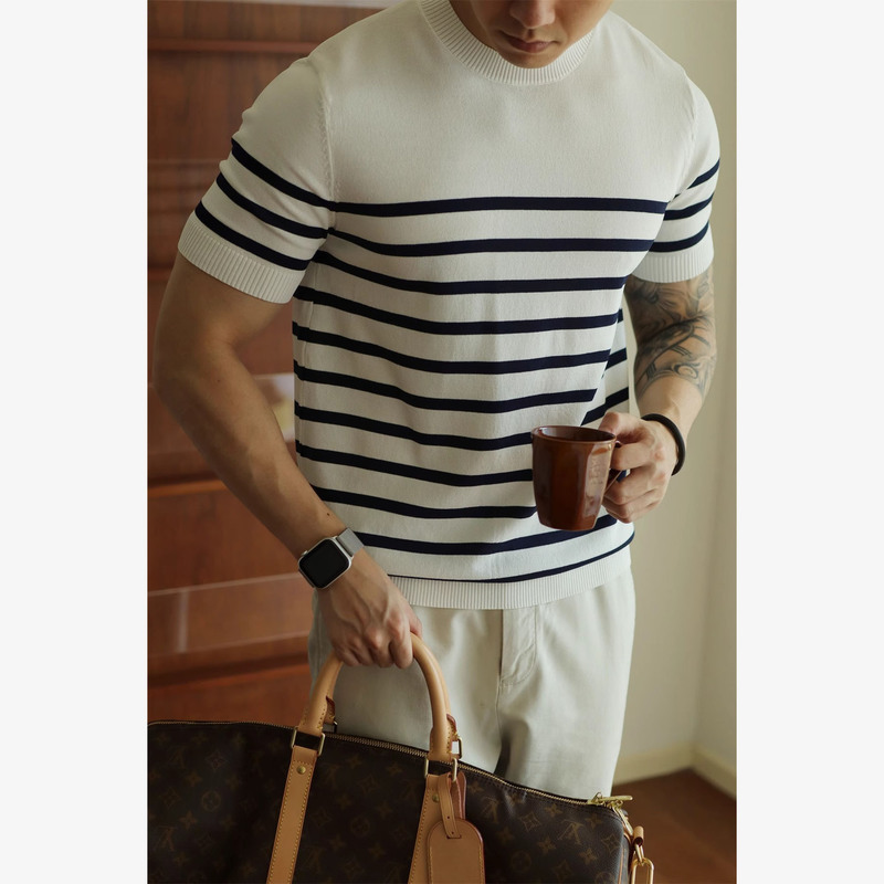 Summer new short-sleeved sweater men's stripes light ripe slim business ice silk cool T-shirt foreign trade cross-border wholesale Summer new short-sleeved sweater men's stripes light ripe slim business ice silk cool T-shirt foreign trade cross-border wholesale