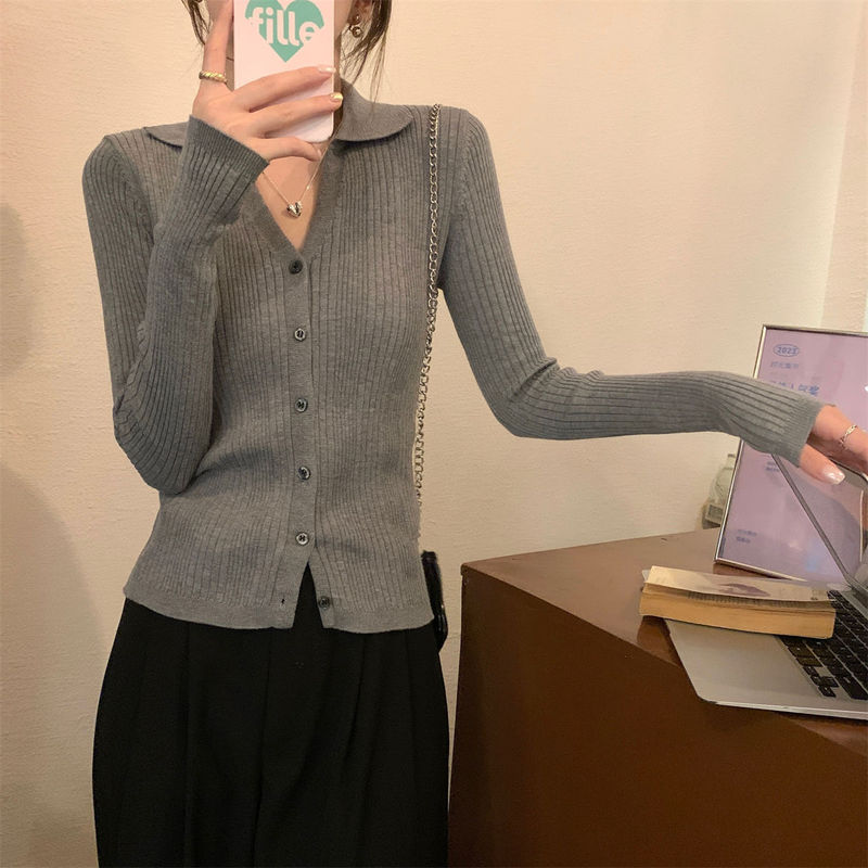 French Polo Lapel Long Sleeve Knitted Cardigan Sweater Women's Autumn and Winter Interior Pure V-Neck Short Coat Top French Polo Lapel Long Sleeve Knitted Cardigan Sweater Women's Autumn and Winter Interior Pure V-Neck Short Coat Top