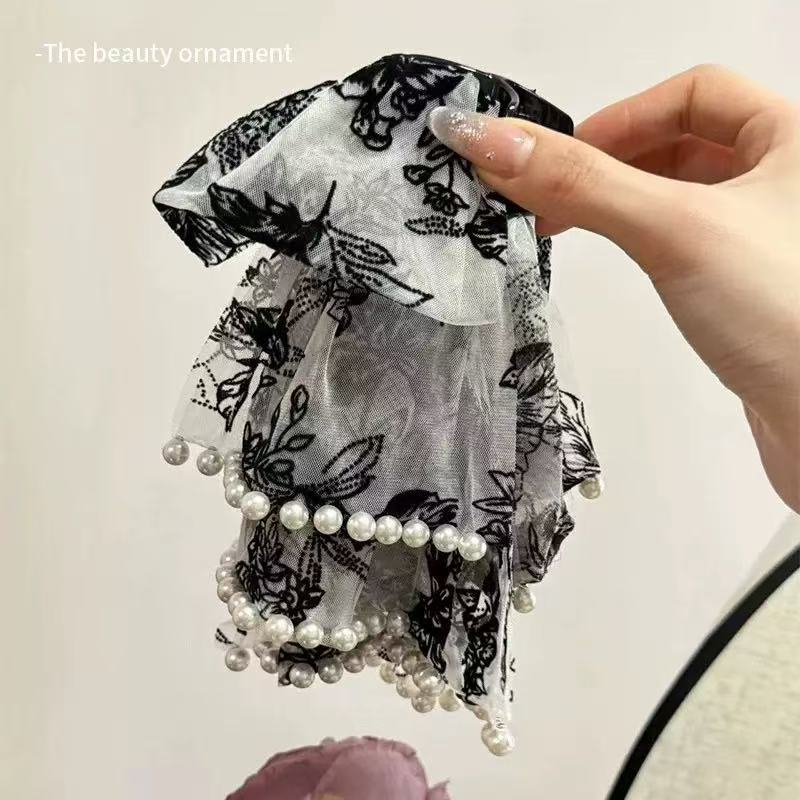 Chinese-Style Embroidered Mesh Bow Pearl Pendant Claw Clip for Women, Ponytail Clip, Shark Clip, Hairpin for Stray Hair