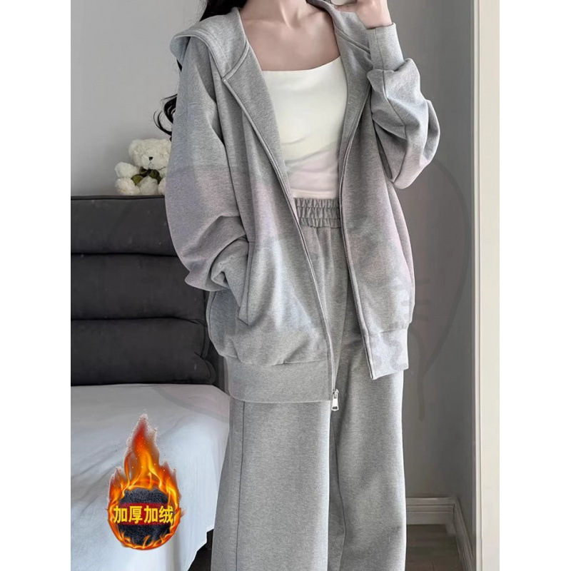 Coat Hooded Sweatshirt Women's Two-piece Set fleece-lined Autumn and Winter Zipper overslze Sports suit Casual Running Clothes