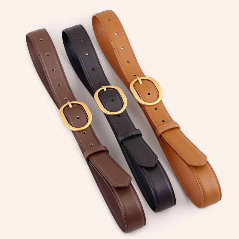 Ceinture en cuir véritable pour femmes, boucle à aiguille, mode polyvalente, pour jeans, loisirs, banlieue, noir, tendance, Stock pour femmes, nouvelle collection 2024_voghion.com